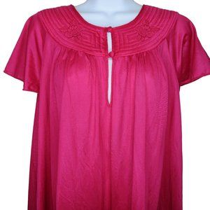 Vintage 70s Kayser Knee Length Nightgown L Pink Nylon Quilted Button Neckline